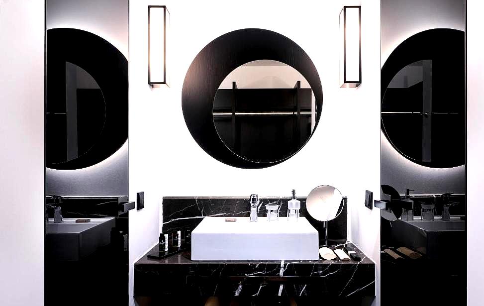 sleek black and white bathroom