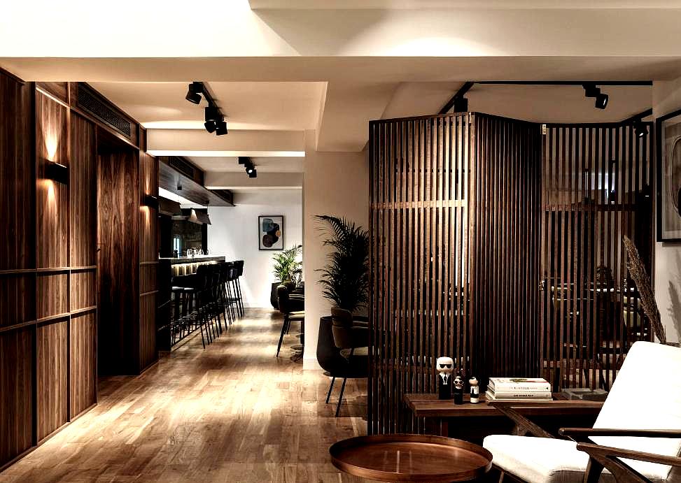 sleek luxury bar with wooden accents and warm lighting