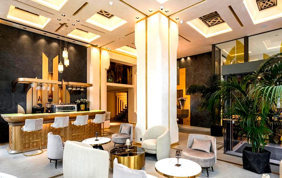 sophisticated lobby with bar and comfortable lounge areas