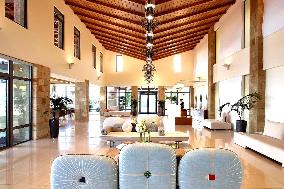 spacious hotel lobby with high ceilings and modern decor