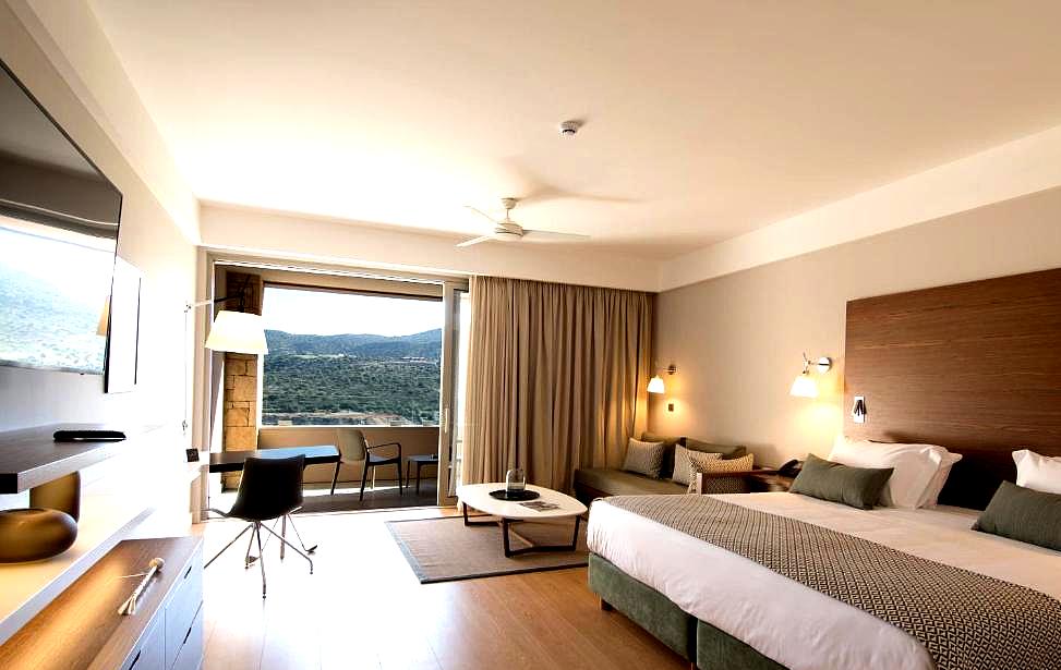 spacious room with modern decor and nature view balcony