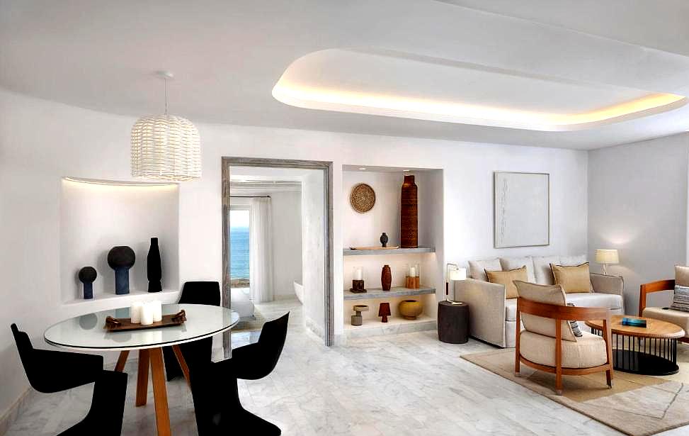 spacious suite with sea view and elegant decor