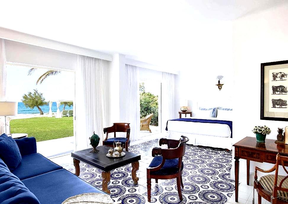 spacious suite with sea view and elegant furnishings