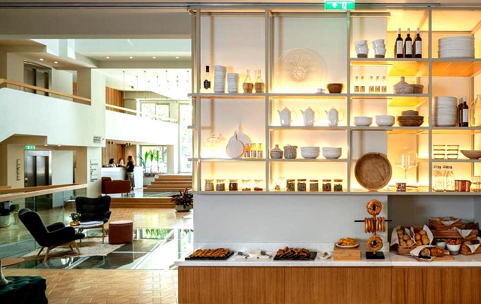 stylish hotel breakfast area with open shelves