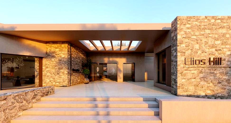 stylish hotel entrance with stone walls