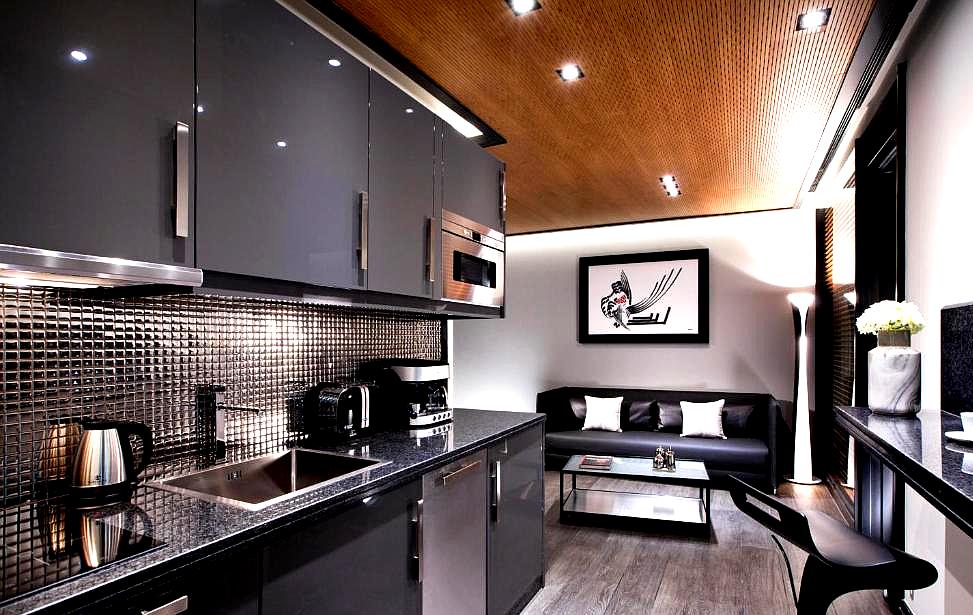 stylish suite with modern kitchenette and living area