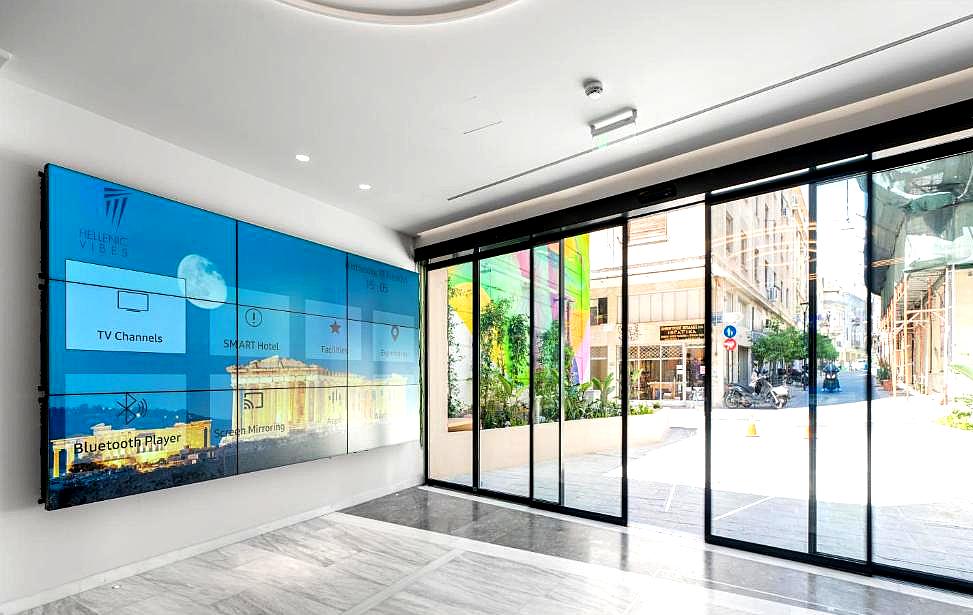 tech savvy lobby with large digital display