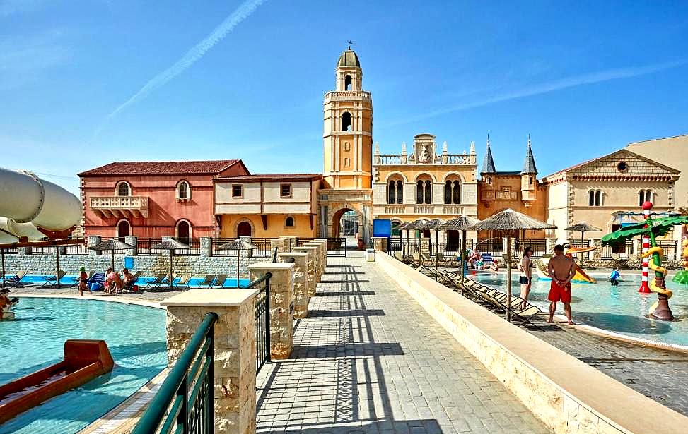 themed water park with historic architecture