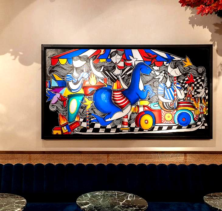 vibrant artwork in modern hotel lounge