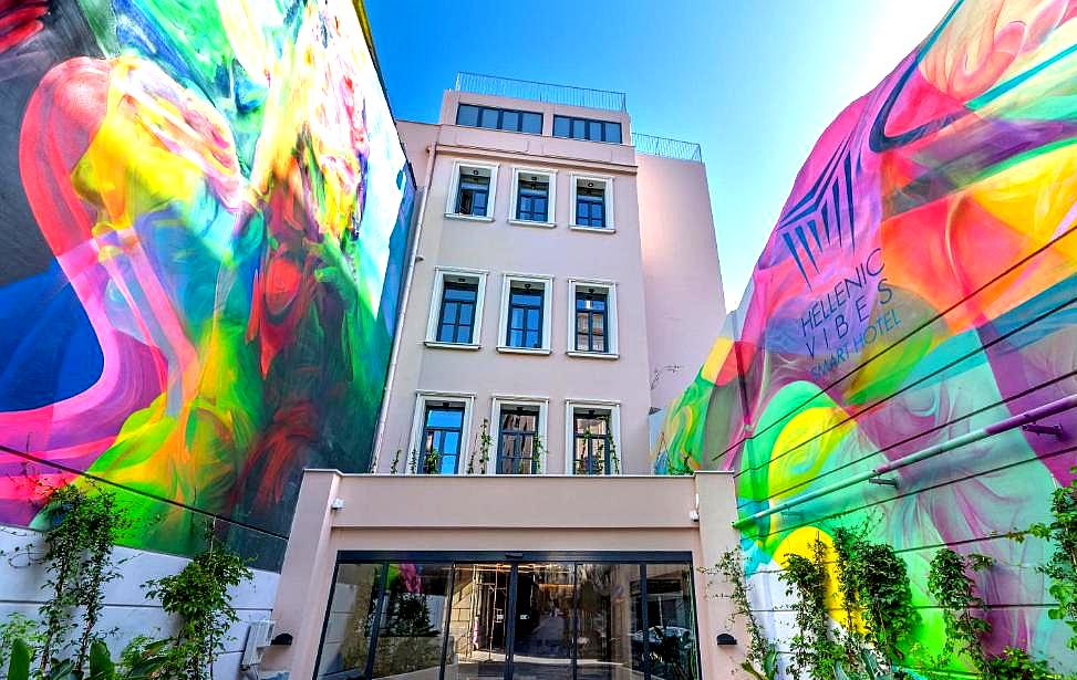 vibrant hotel entrance with colorful mural