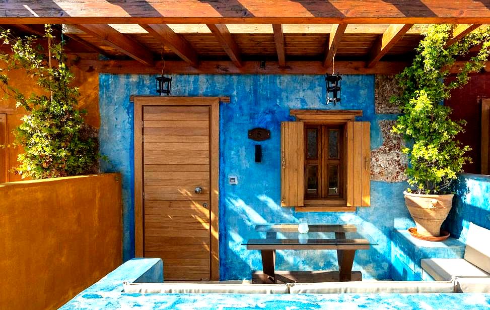 vibrant outdoor patio with colorful walls